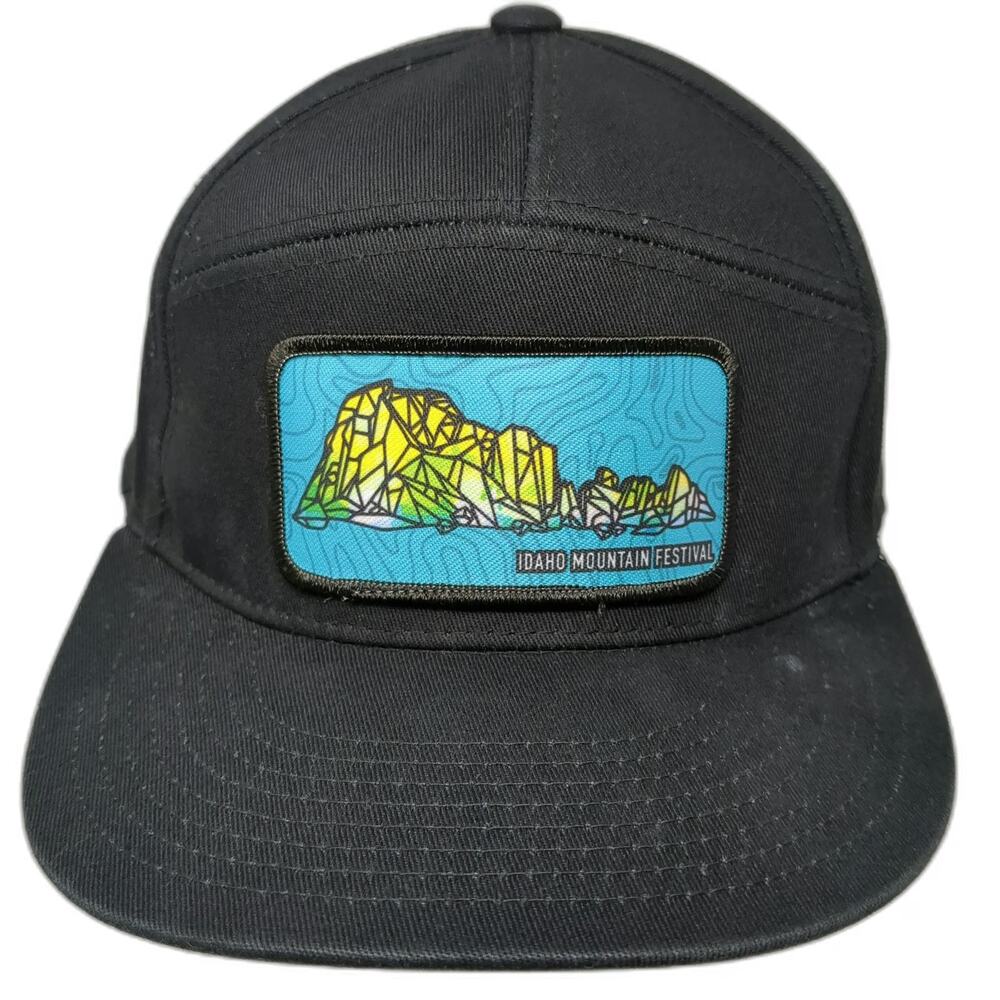 Decky 5 Panel Black Hat One Size Idaho Mountain Festival Patch Flat Brim Cap